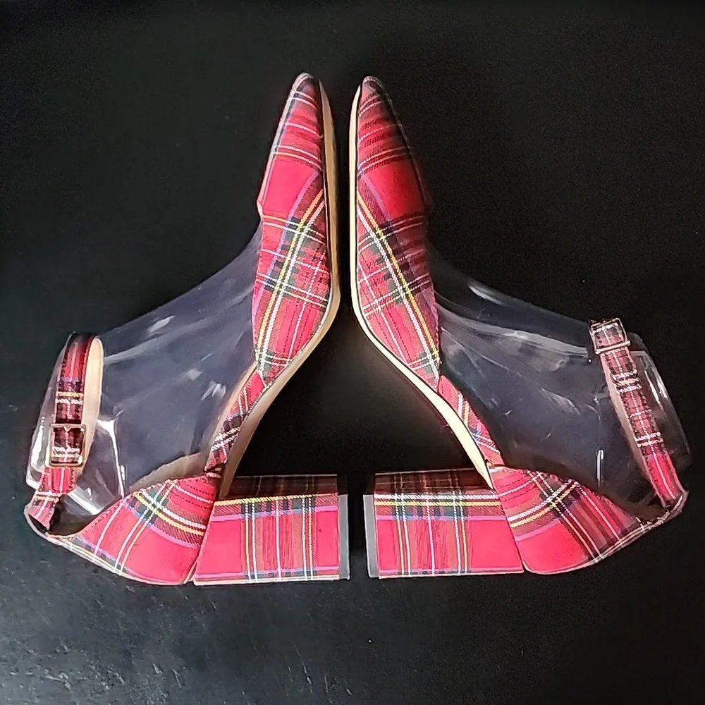 J. Crew Factory Tartan Plaid Ankle-Strap Block Heels Red Holiday Pumps Size 9.5 - Picture 9 of 9